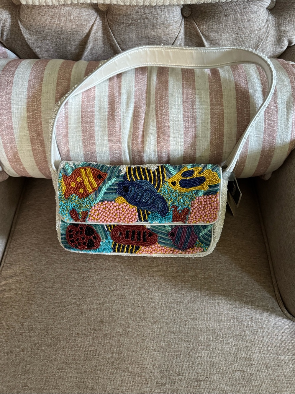 Beaded Fish Motif Shoulder Bag